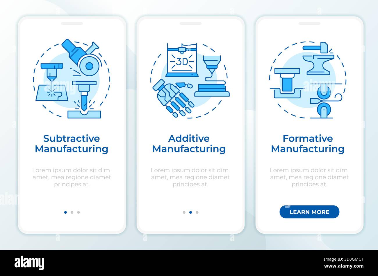 Types of manufacturing methods blue onboarding mobile app screen Stock Vector