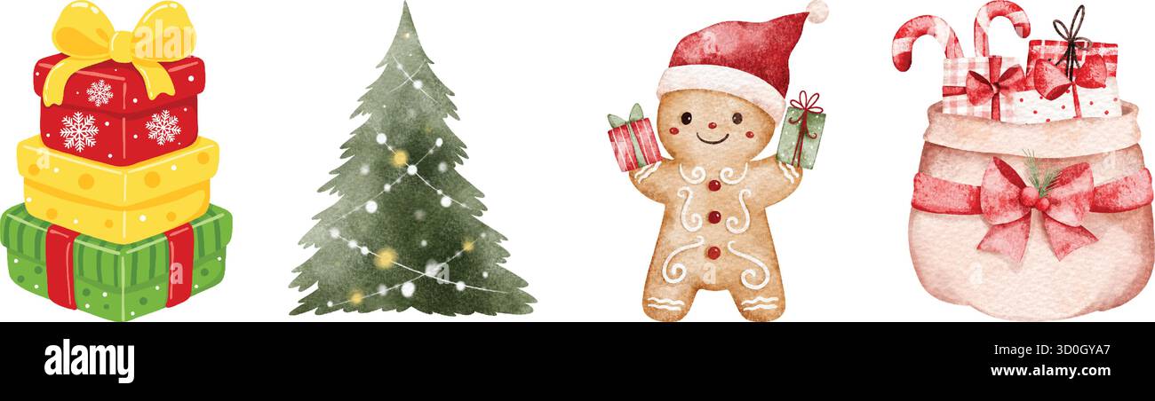 Watercolor christmas elements featuring snowman, candy cane, snowflake, bell Stock Vector