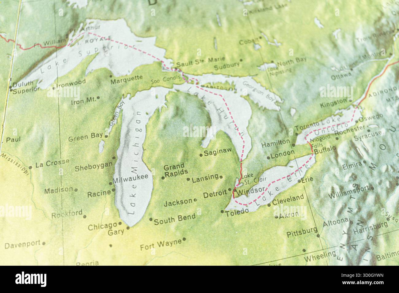 Close-up topographic map of Michigan and Wisconsin, USA, showing ...
