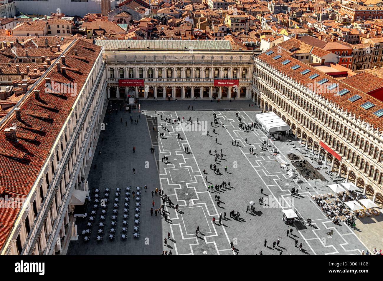 Aerial view of St Mark's Square seen from the top of the St Mark's Campanile or bell tower in Venice ,Italy Stock Photo
