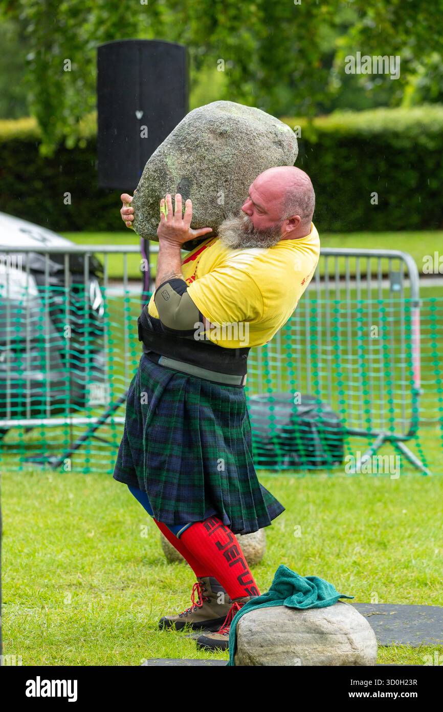 A competitor in the stone lifting event during the Bruce Festival, Dunfermline, Fife, Scotland, UK Stock Photo
