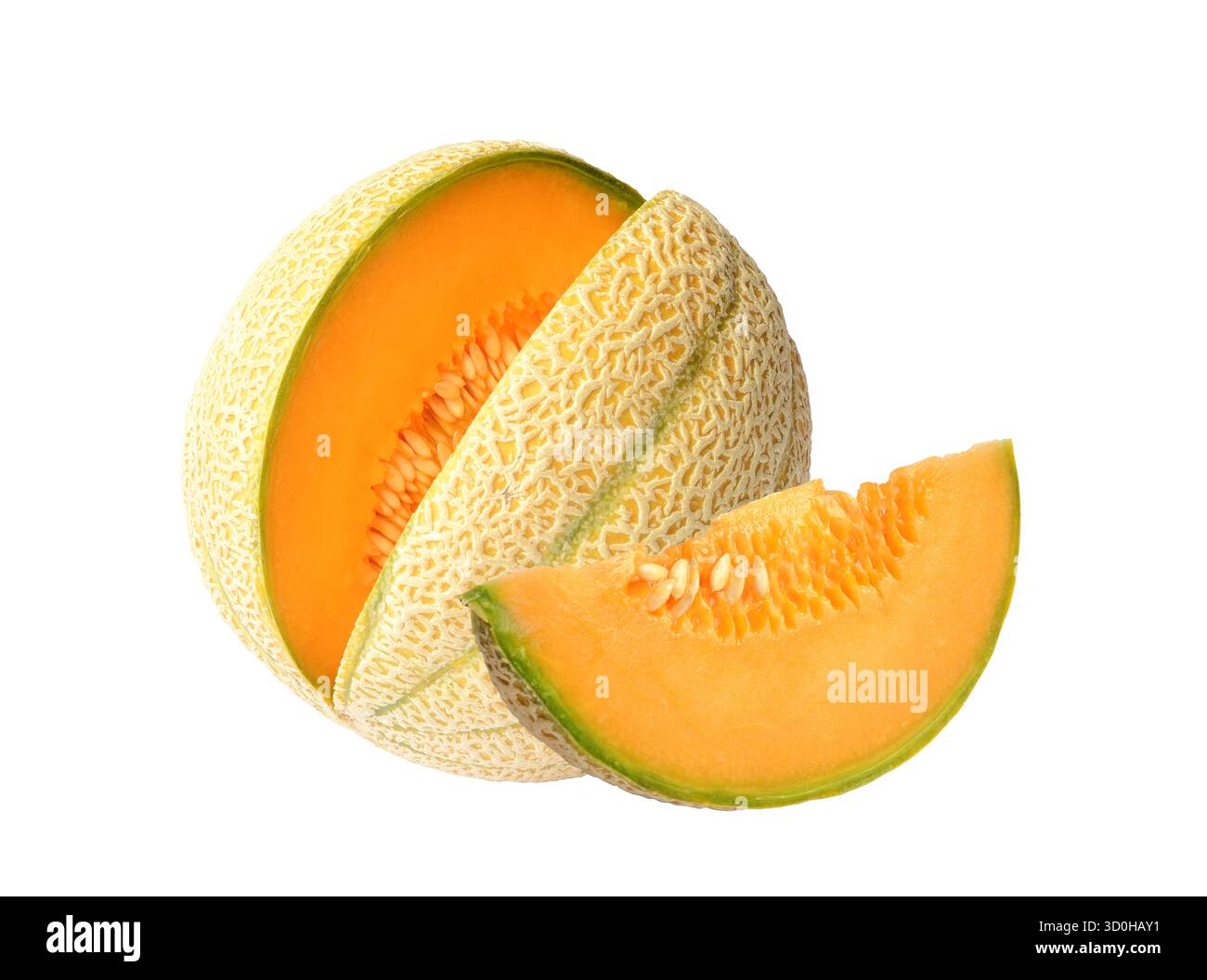 Orange cantaloupe melon with slice isolated on white background. Stock Photo