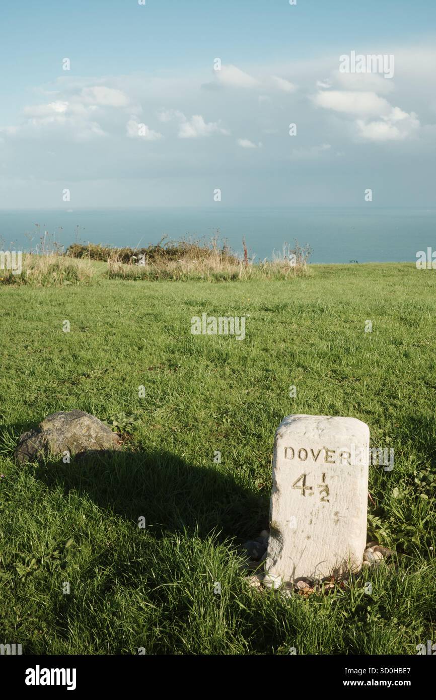 Stone Distance Marker, Overlooking the English Channel at Capel Le Ferne, Folkestone, UK Stock Photo