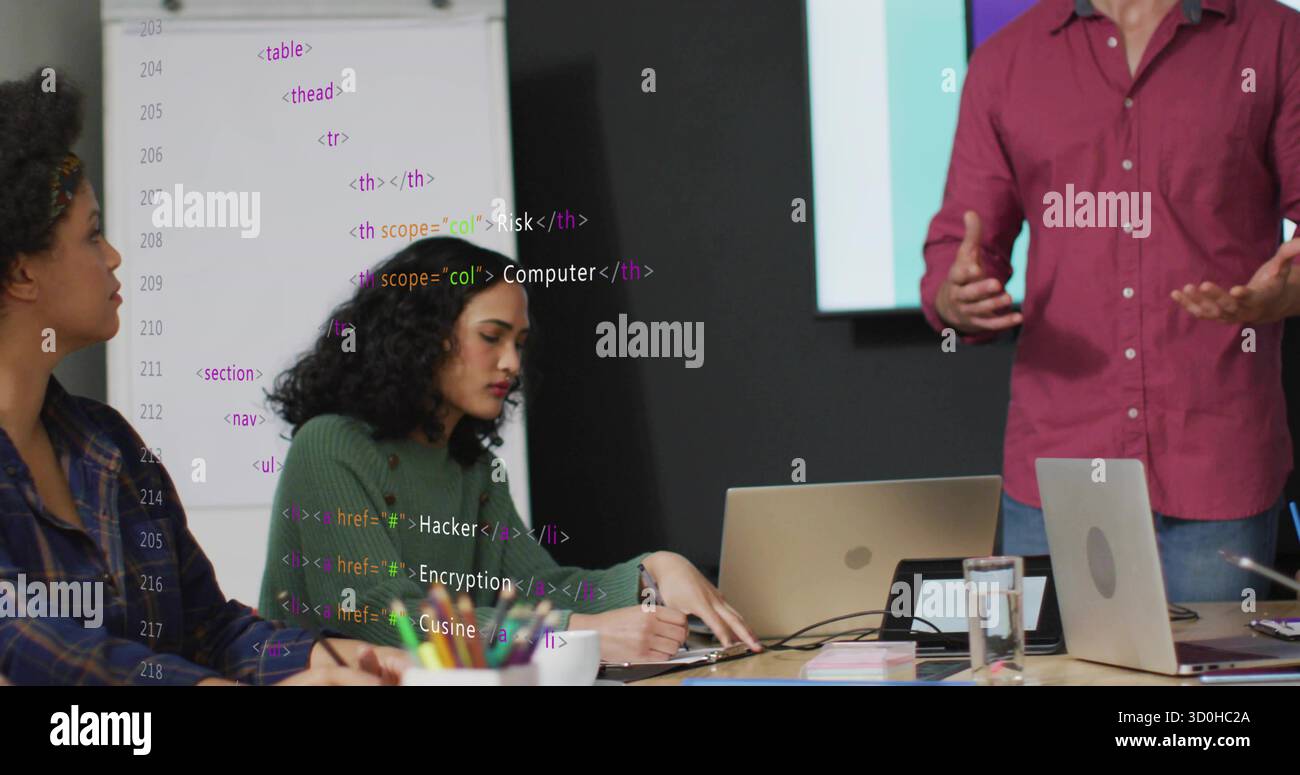Collaborating colleagues discussing HTML code on whiteboard in meeting room, using laptops and pens Stock Photo