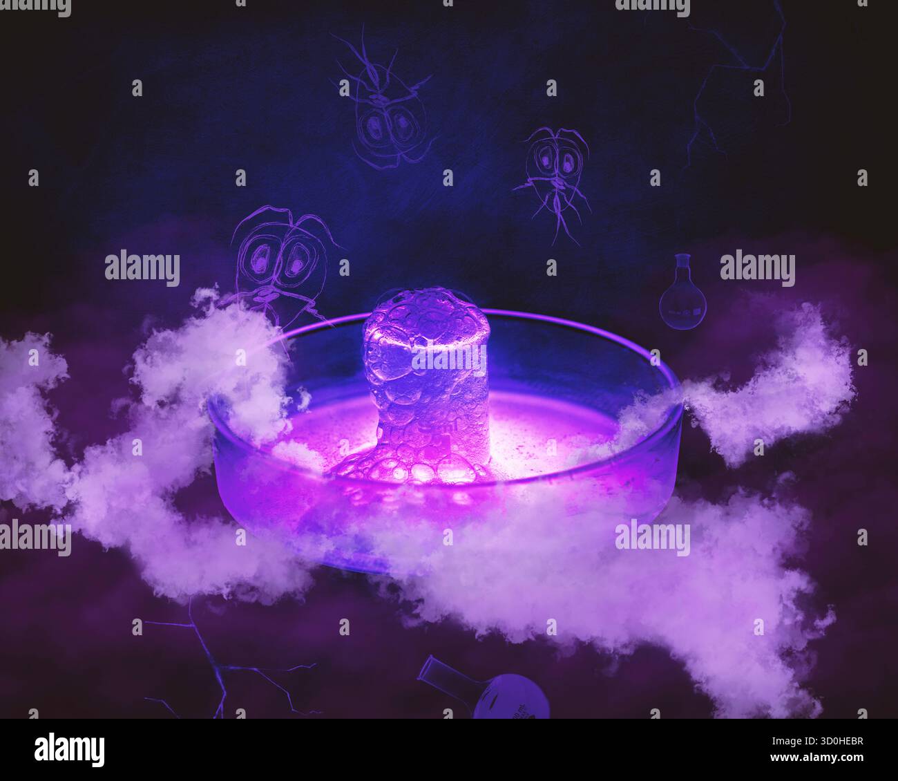 A spooky halloween still life: A bubbling liquid in a beaker and Petri dish with smoke being emitted lit by a purple light below. - Stock Image
