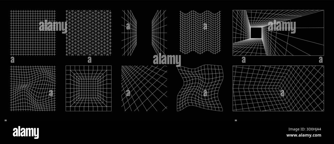 3d grid. Isometric line space. Futuristic wire pattern or mesh point shape. Cyberpunk vanishing net elements. Y2k wireframe texture. Checkered surface. Distorted vortex. Vector cyber backgrounds set Stock Vector