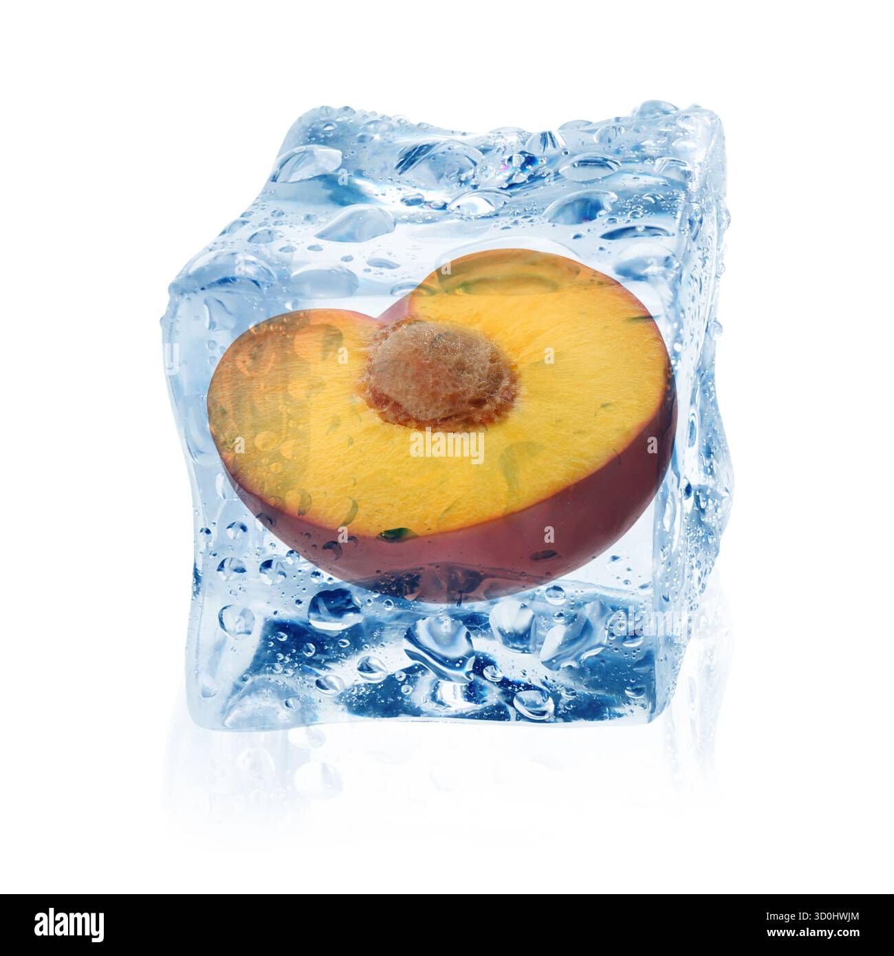 Half of plum inside ice cube isolated on white Stock Photo