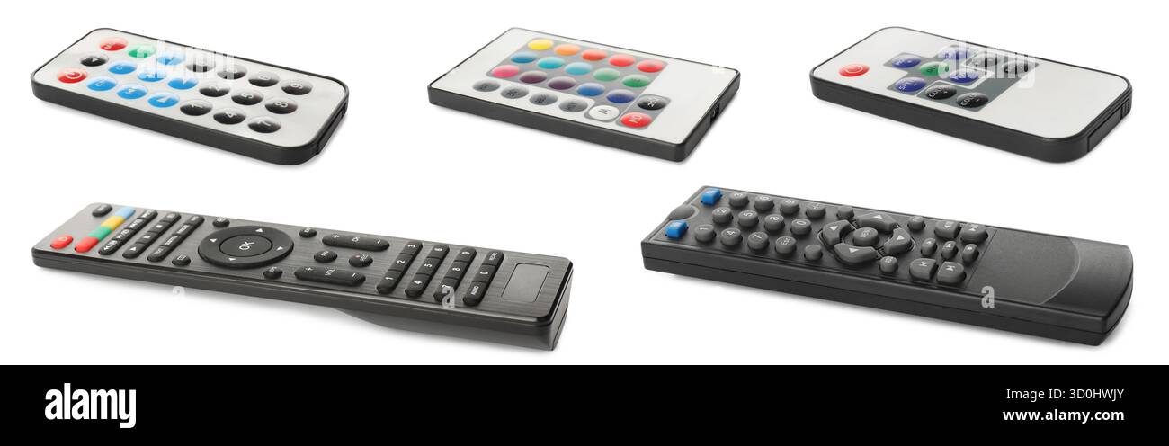Different remote controls isolated on white, set Stock Photo