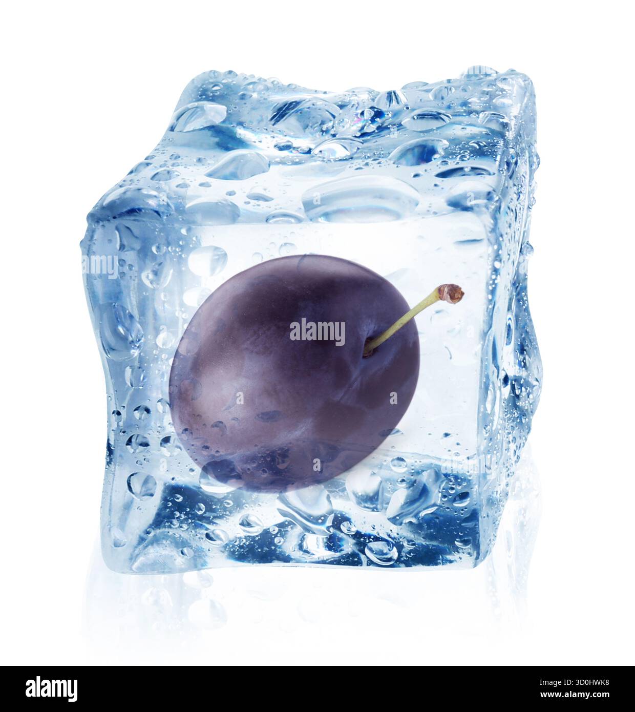 Fresh plum inside ice cube isolated on white Stock Photo