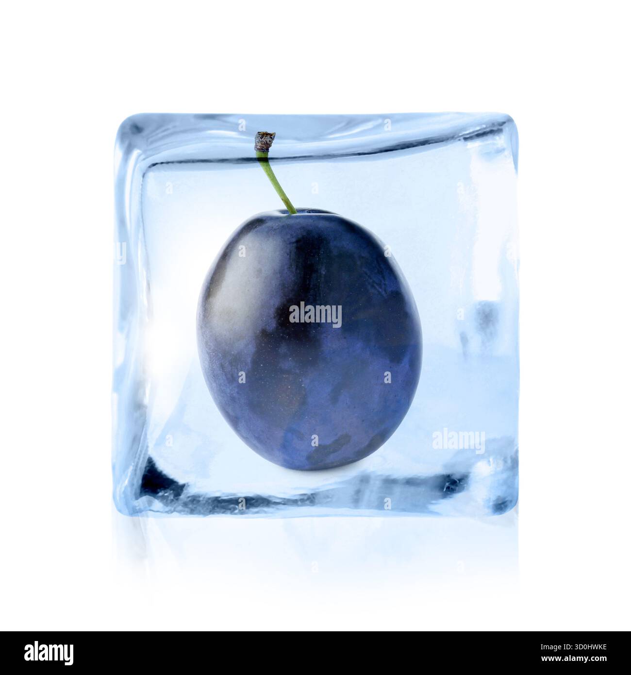Fresh plum inside ice cube isolated on white Stock Photo