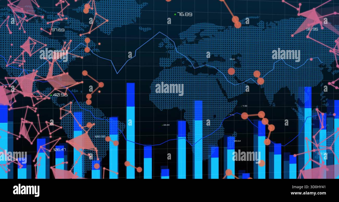 Displaying dashboard screen showing map dots, gridlines, blue bars, line graph, pink mesh nodes Stock Photo