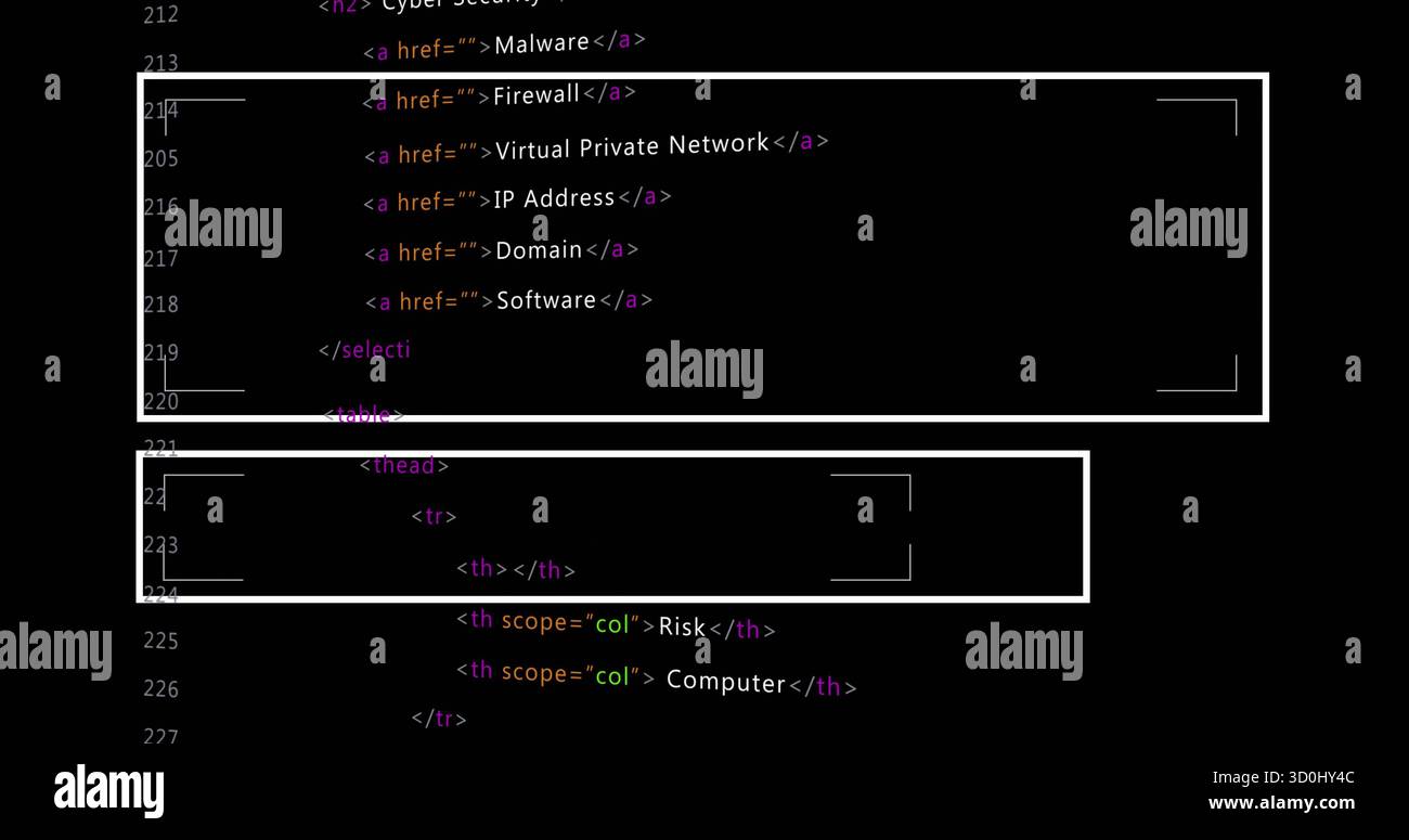 Displaying highlighted HTML select menu and table headers in dark-theme editor, with number gutter Stock Photo