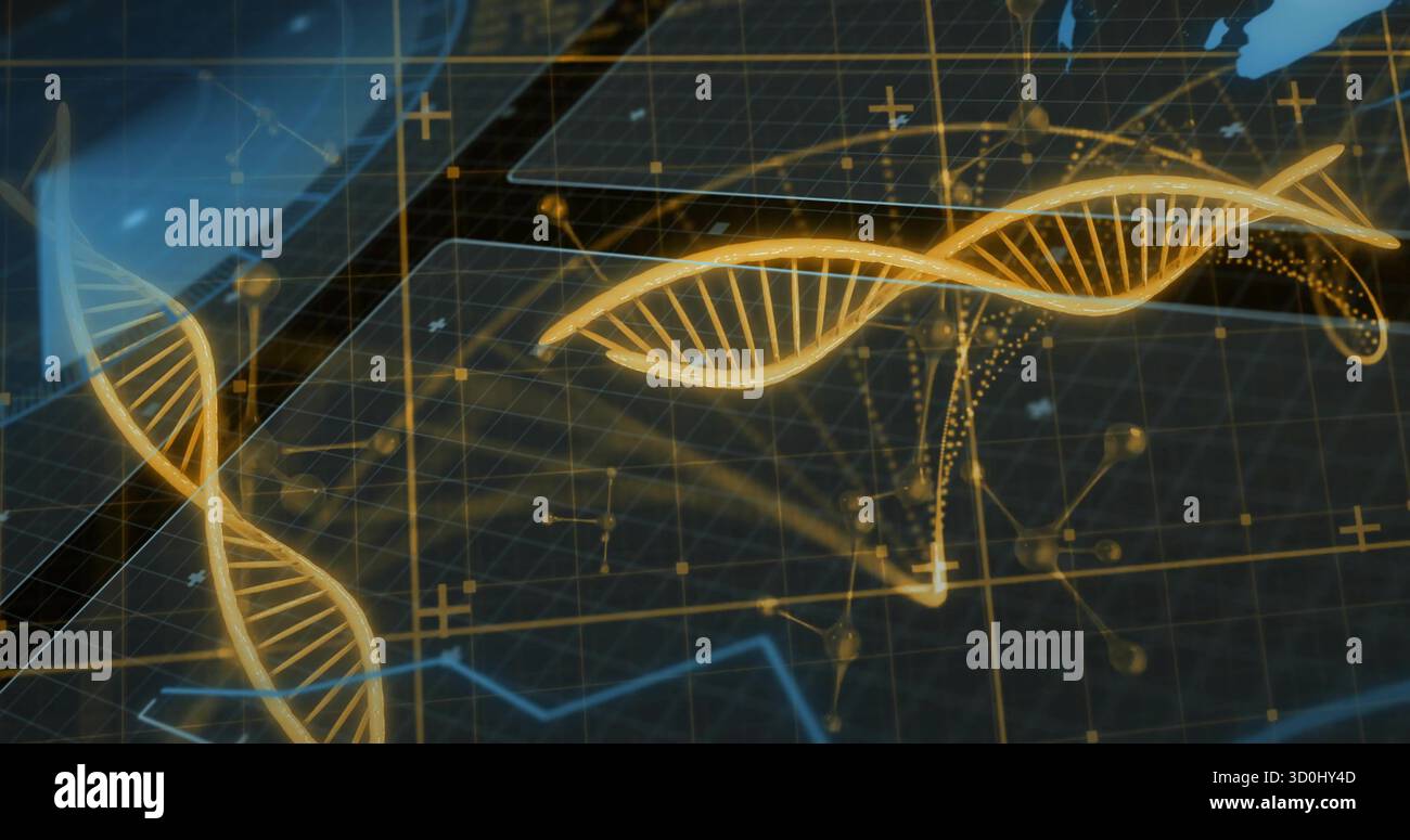 Displaying glowing DNA helices floating above grid interface, showing data lines and axis markers Stock Photo
