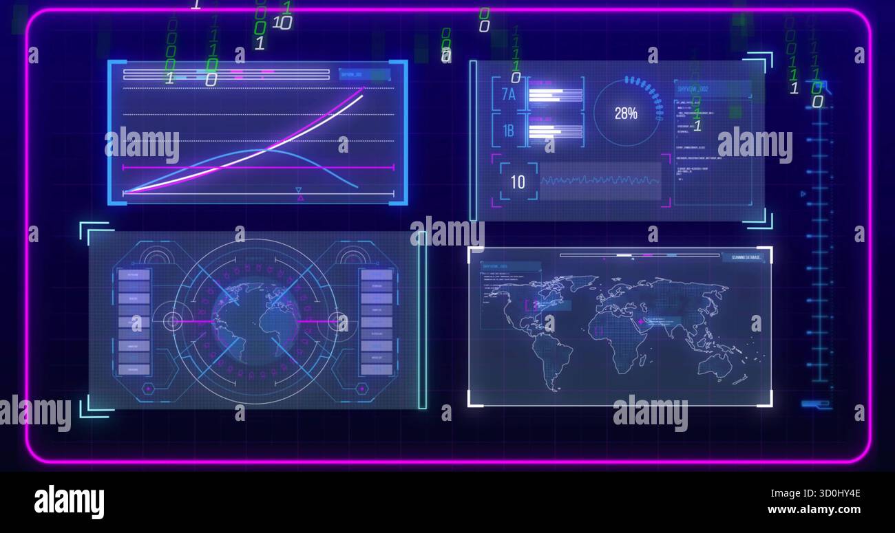 Displaying holographic interface floating in console, with line graph, binary digits and neon frame Stock Photo