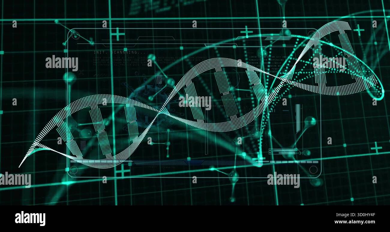 Displaying teal DNA helix floating over digital grid, node visuals, data panels and crosshairs Stock Photo