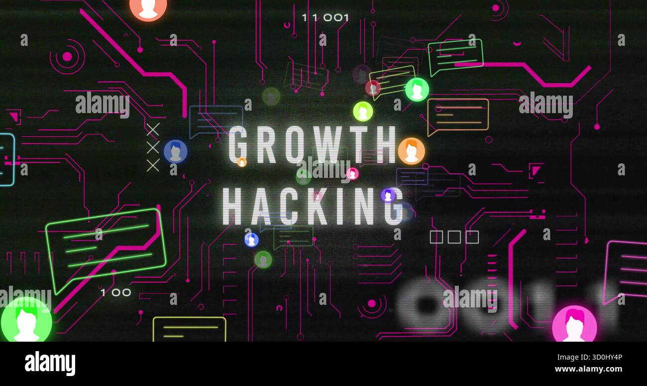 GROWTH HACKING text glowing on network, with neon circuits, avatars, chat bubbles, binary digits Stock Photo