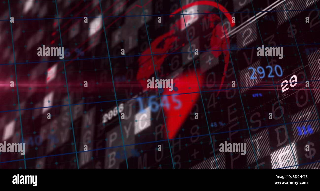 Floating red 3D globe hovering over digital interface with translucent grid lines and digits Stock Photo