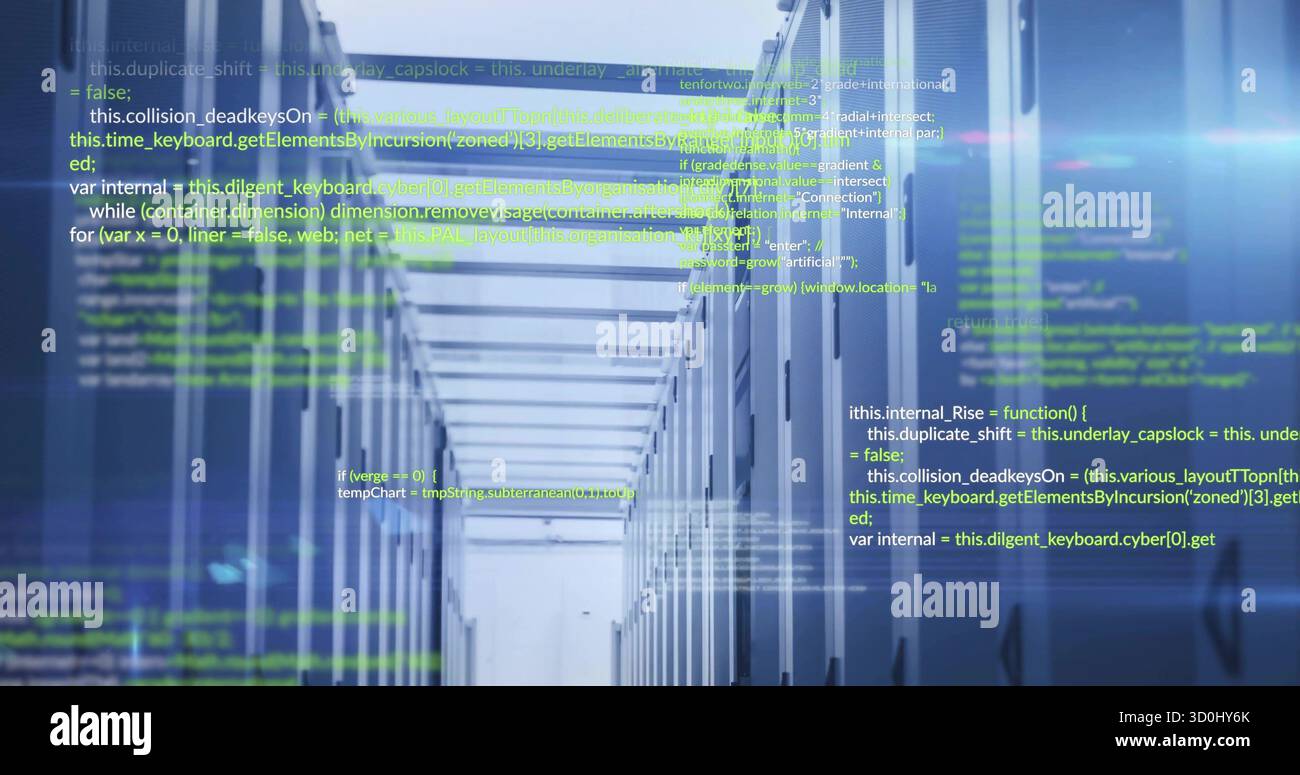Displaying parallel server racks in data center aisle, with blinking LEDs and floating green code Stock Photo
