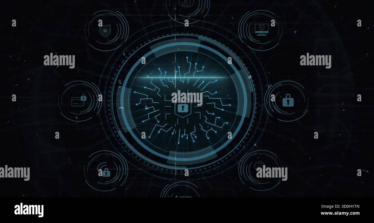 Displaying holographic security interface on virtual console, with central padlock and neon rings Stock Photo