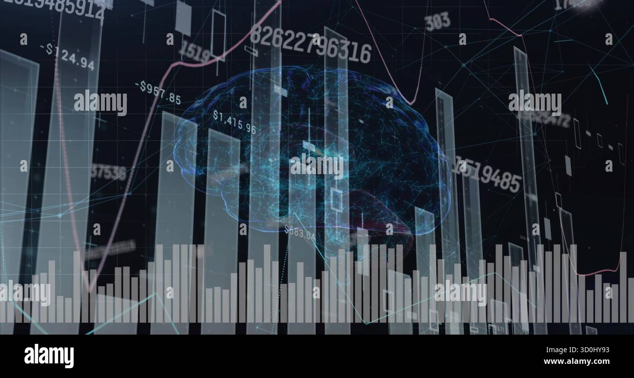 Projecting holographic brain in data visualization, with bar chart, line graph, numeric labels Stock Photo