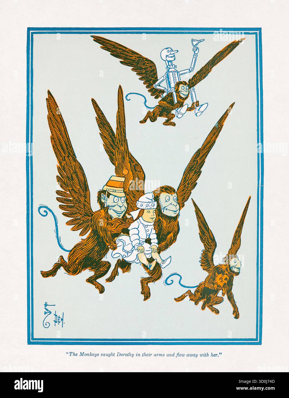 Illustration depicting Dorothy, Tin Man and Toto carried away by the Winged monkeys from 'The wonderful Wizard of Oz'. Stock Photo