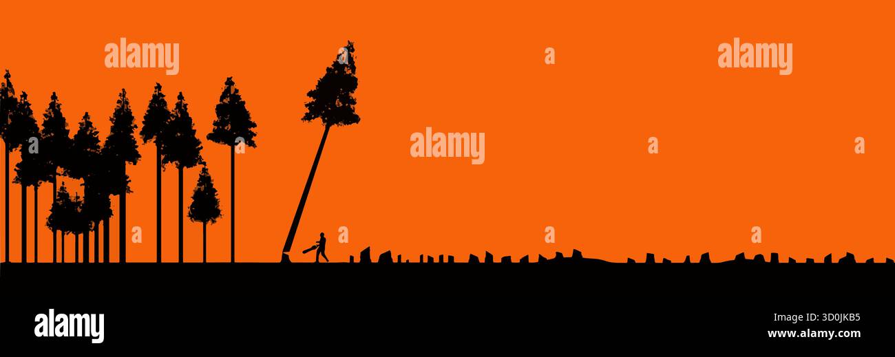 Deforestation is illustrated with a man cutting all the trees in a forest. Stock Vector