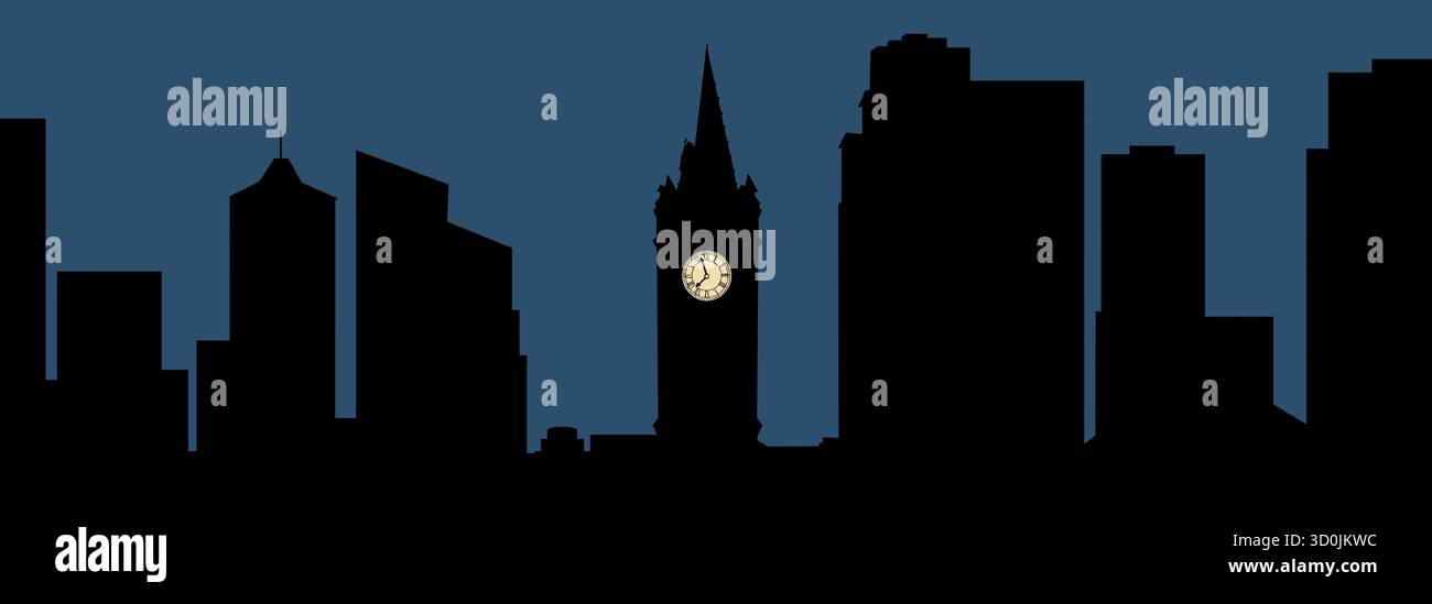 A clock tower is seen silhouetted at sunset with it’s lighted clock face glowing in the dark. Stock Vector