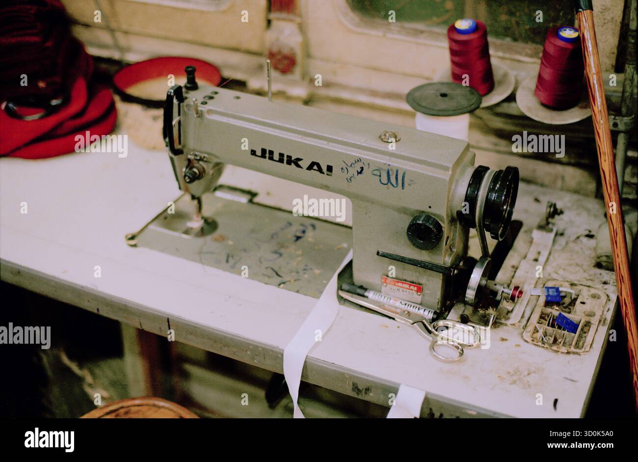 Workbench of one of the last remaining traditional tarbush or fez makers in Cairo, Egypt Stock Photo