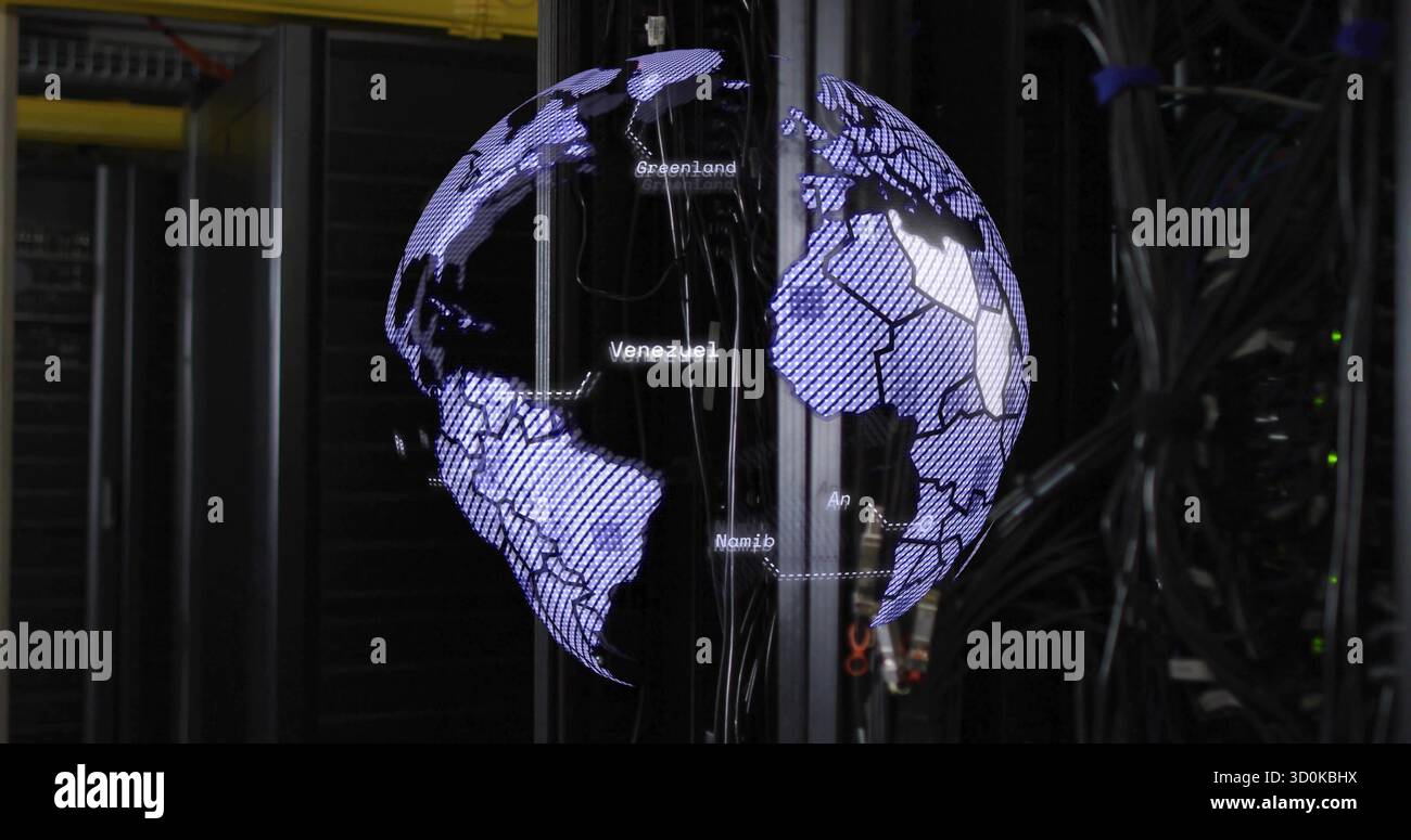 Projecting holographic globe floating in server room, with server cabinets and network cables Stock Photo