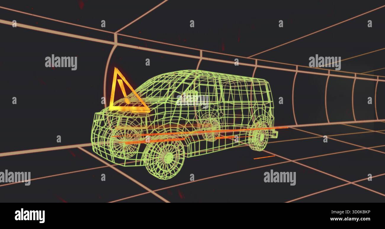Displaying neon wireframe van rotating in 3D simulation with orange grid, triangular caution symbol Stock Photo