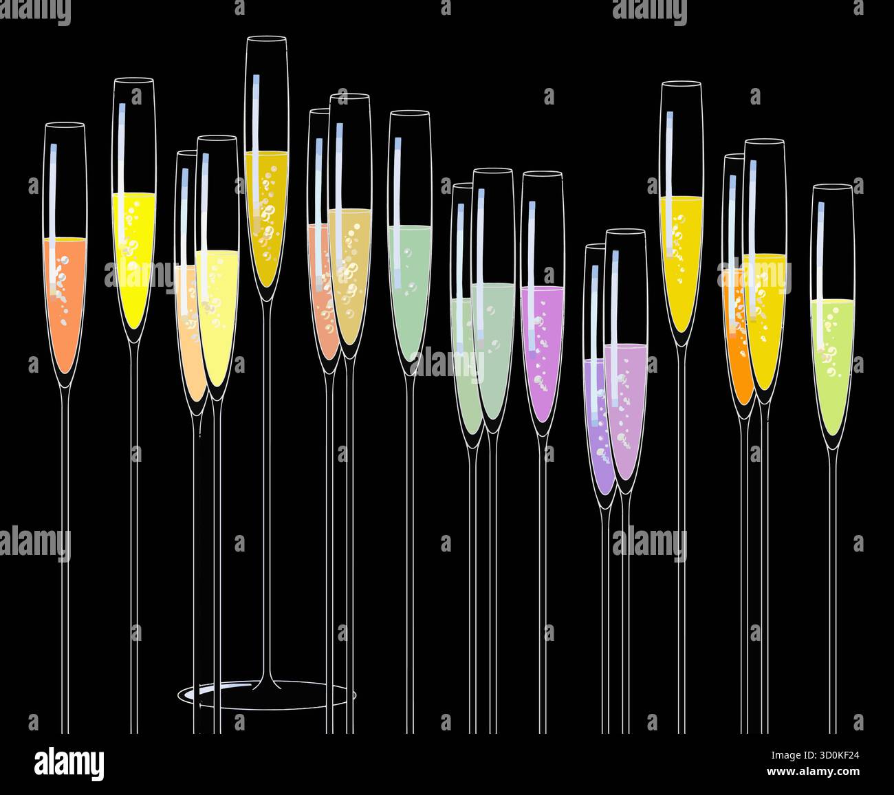 Sparkling wines are seen bubbling in tall stemware. Stock Vector