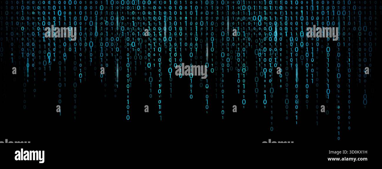 Binary code rain background with matrix style. Futuristic digital bg with flowing blue code numbers Stock Vector