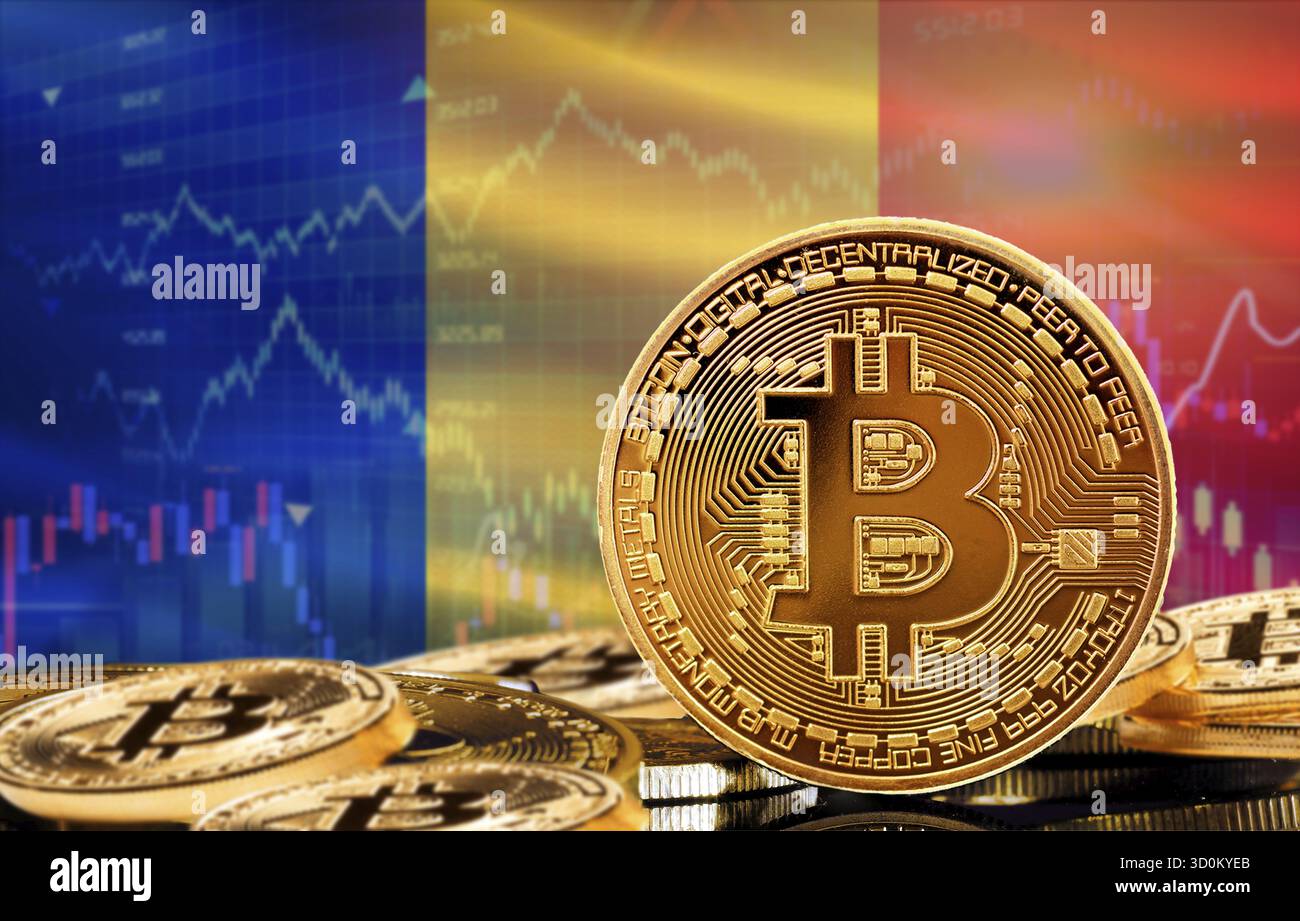 Investors in cryptocurrency and Blockchain Technology in Romania, Concept.  Bitcoin with Romania flag in the background Stock Photo - Alamy