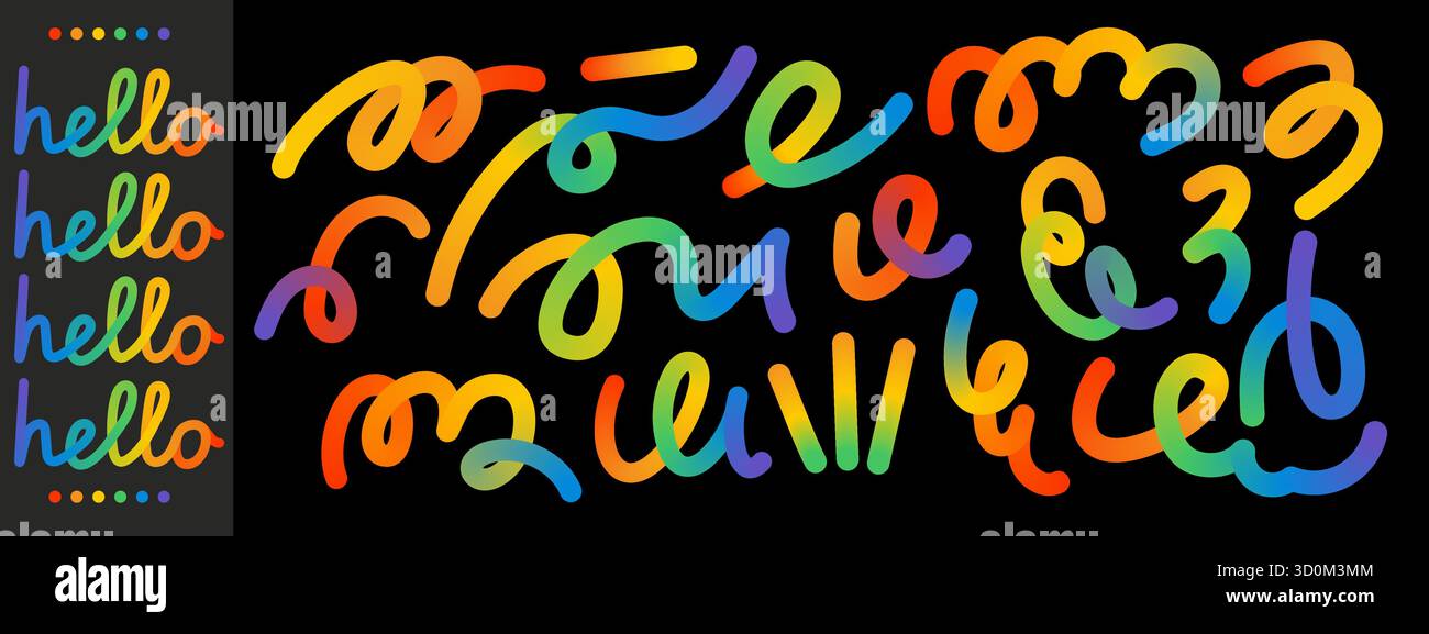 Rainbow gradient swirl lines. Abstract doodle shapes with playful curved strokes. Squiggly vector elements Stock Vector