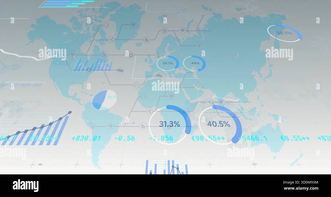 Displaying world map showing circular progress rings, charts and numeric labels in dashboard Stock Photo