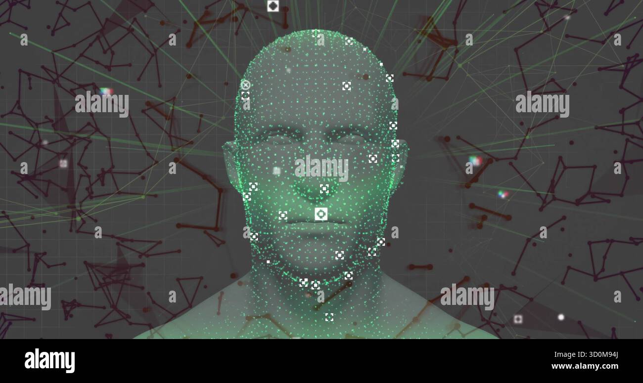 Displaying digital head mesh floating on grid background, with data nodes and network lines Stock Photo
