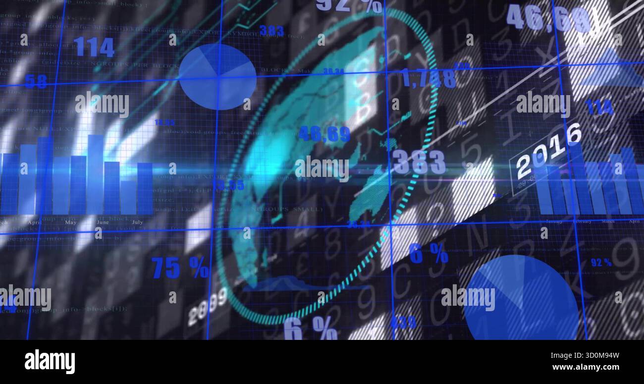 Displaying transparent 3D globe on analytics dashboard, with binary stream and bar and pie charts Stock Photo