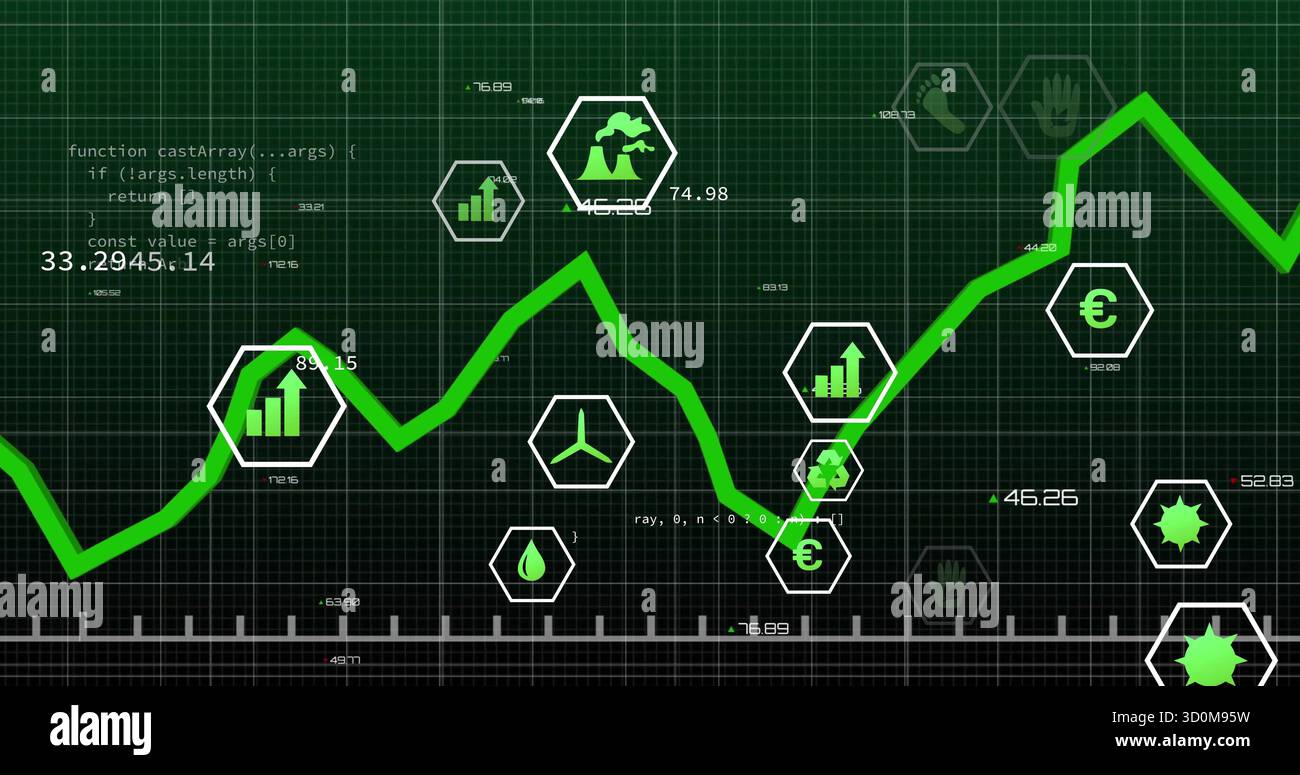 Displaying green trend line fluctuating on dark grid dashboard, with hexagonal data icons and code Stock Photo