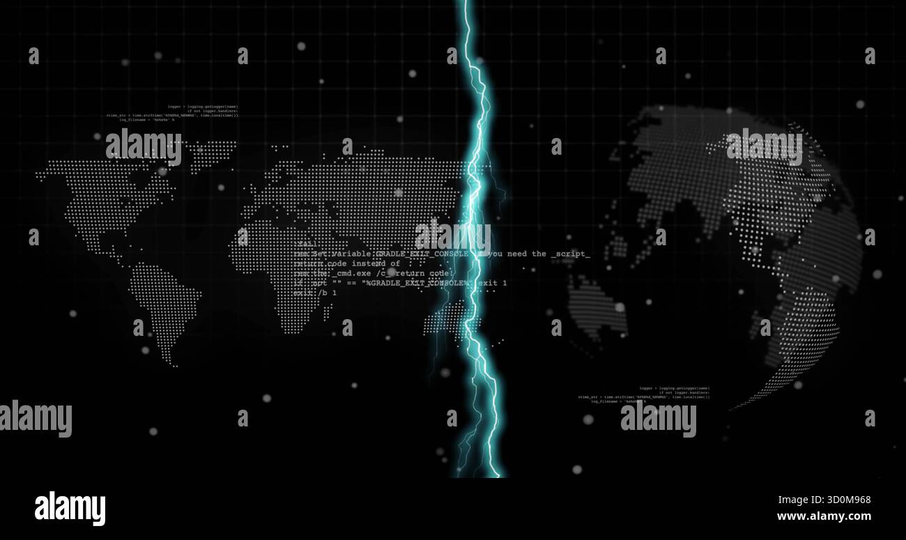 Displaying dotted world map on dark grid interface with cyan lightning fissure and code snippets Stock Photo