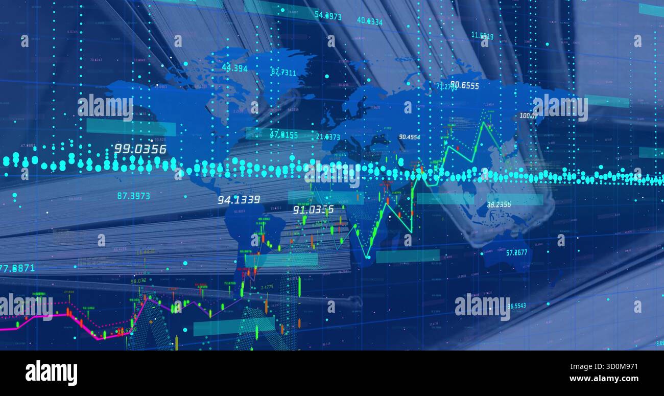 Displaying digital interface with world map, charts and labels over office desk globe and documents Stock Photo