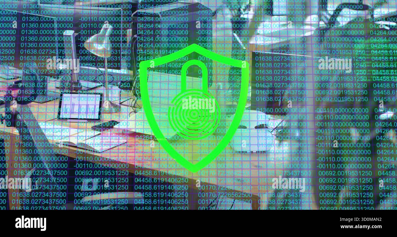 Floating shield icon displaying padlock hovering over office desk with professionals using laptops Stock Photo