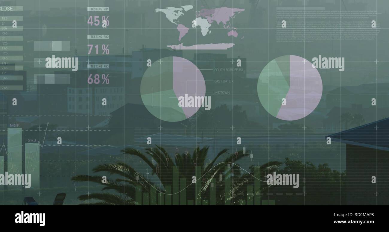 Displaying two pastel pie charts overlaying waterfront scene with world map graphic and bar charts Stock Photo