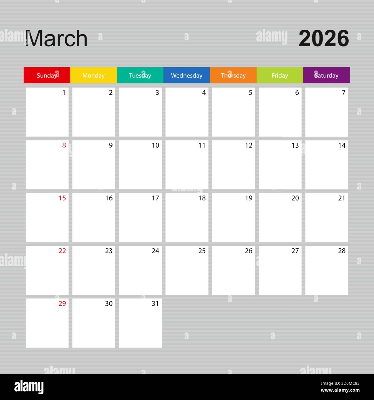 Calendar page for March 2026, wall planner with colorful design. Week