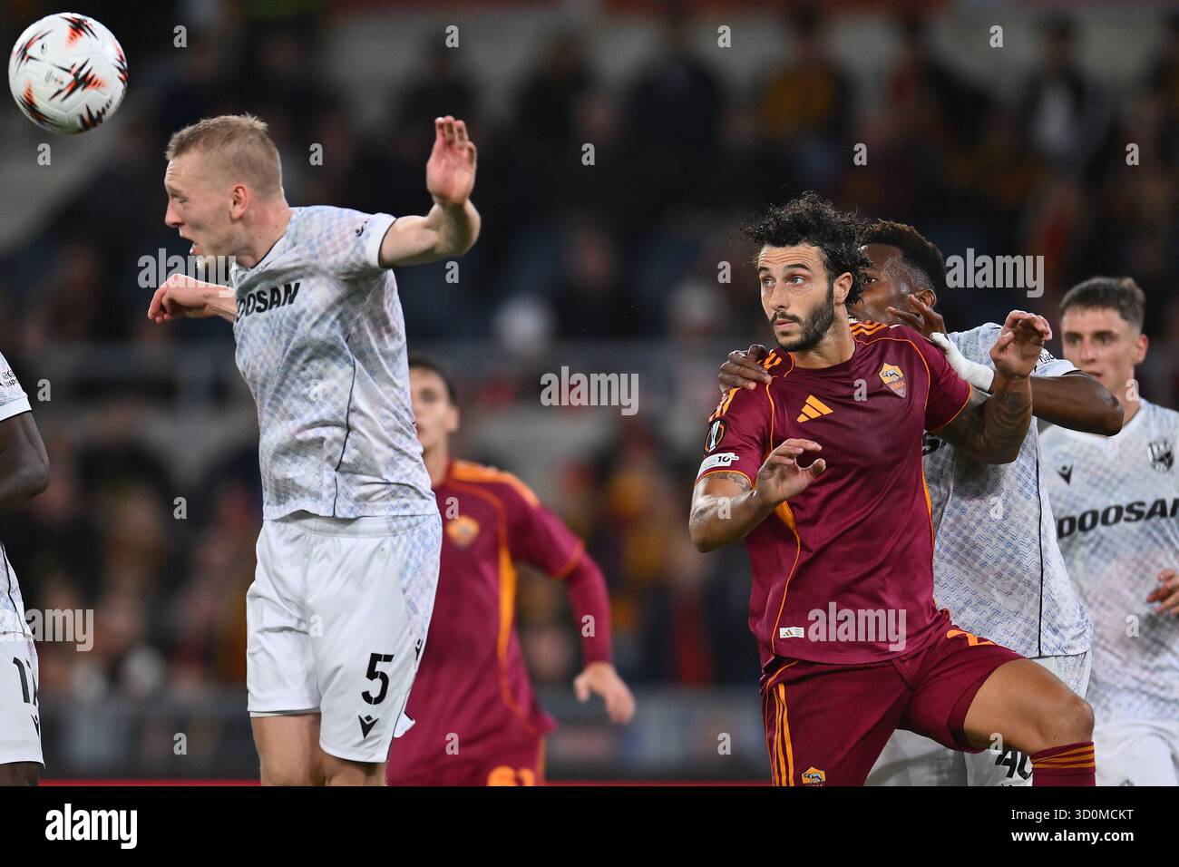 Karel Spacil of F.C. Viktoria Plzen and Mario Hermoso of A.S. Roma are ...
