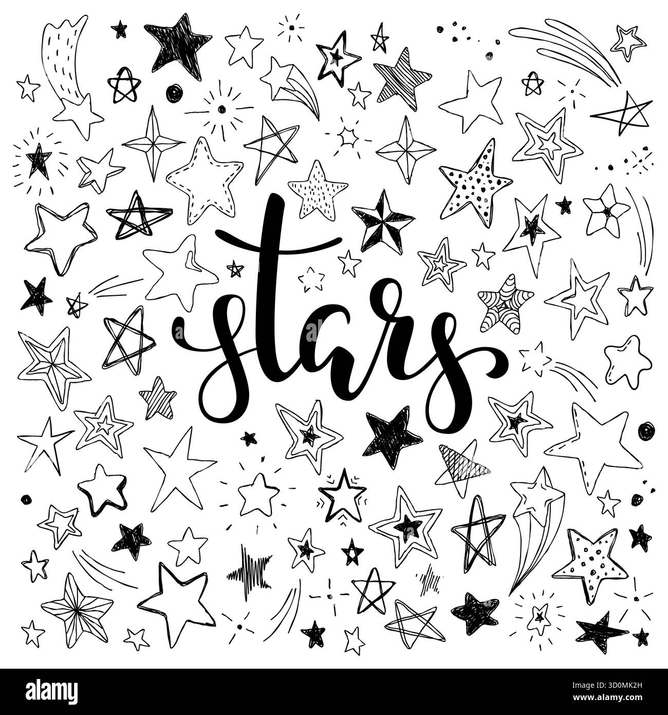 big set of hand drawn doodle stars black and white isolated on ...