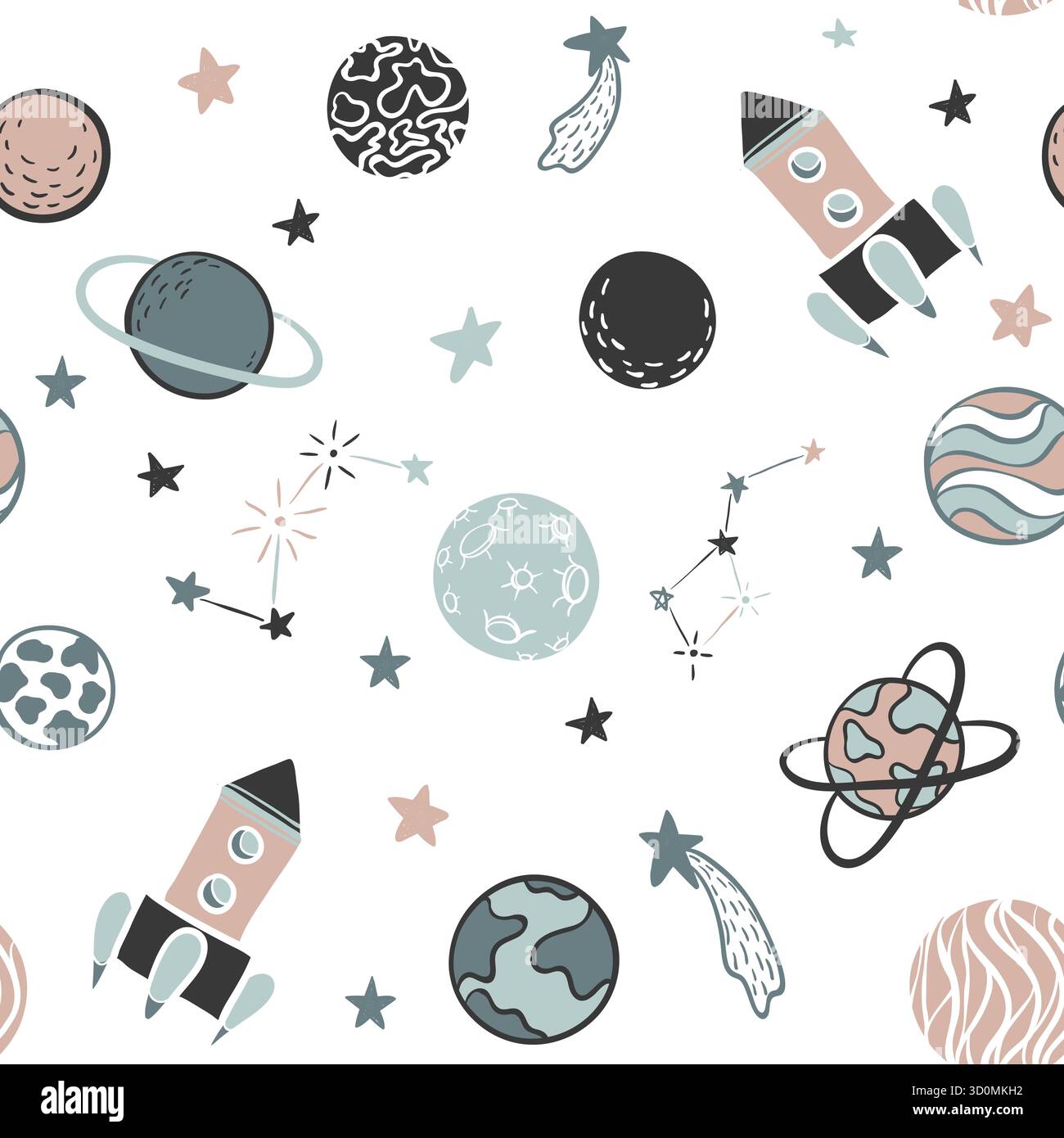 Childish seamless pattern hand drawn space elements space, rocket, star ...