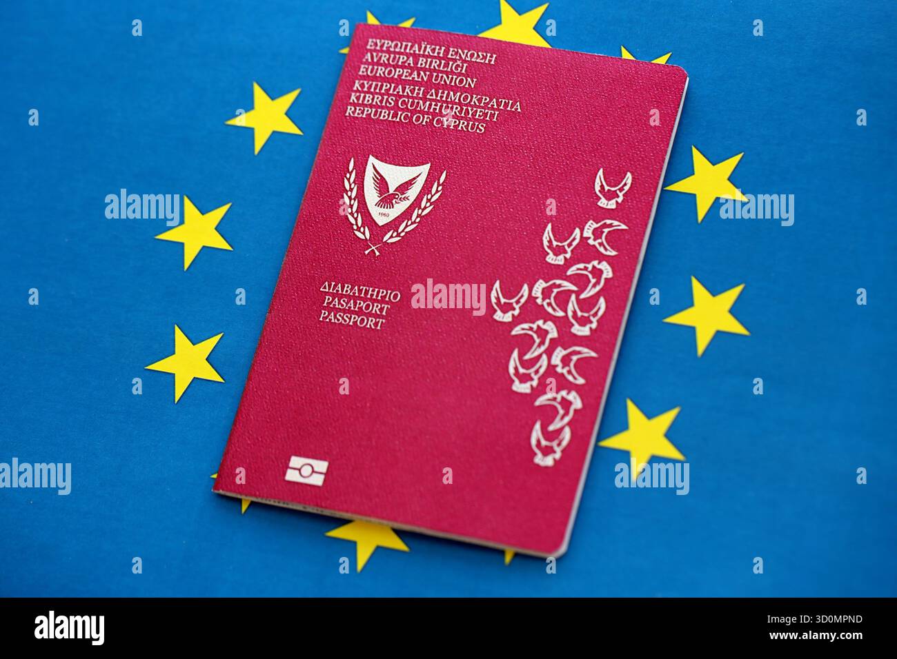 Kyprus passport on European union blue flag background close up. Citizenship in countries of Europe concept Stock Photo