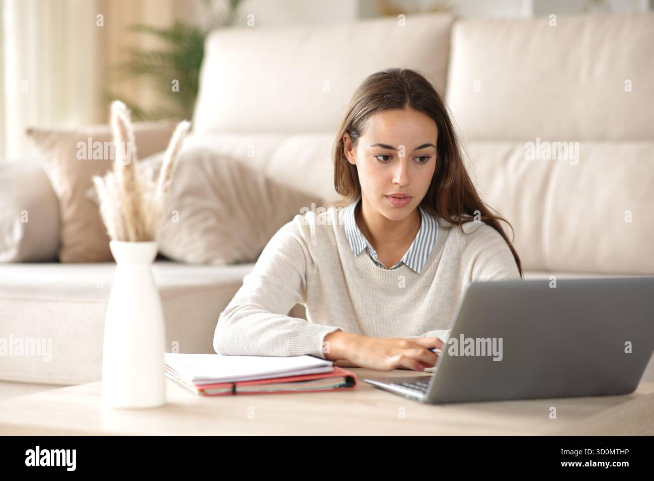 Concentrated student learning online using laptop at home Stock Photo