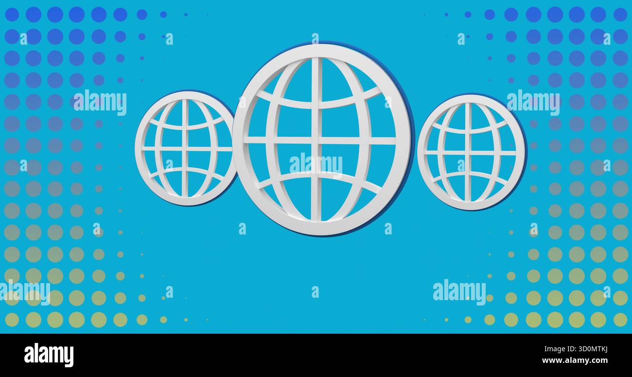 Displaying design showing three wireframe globes on blue with halftone dot gradient Stock Photo