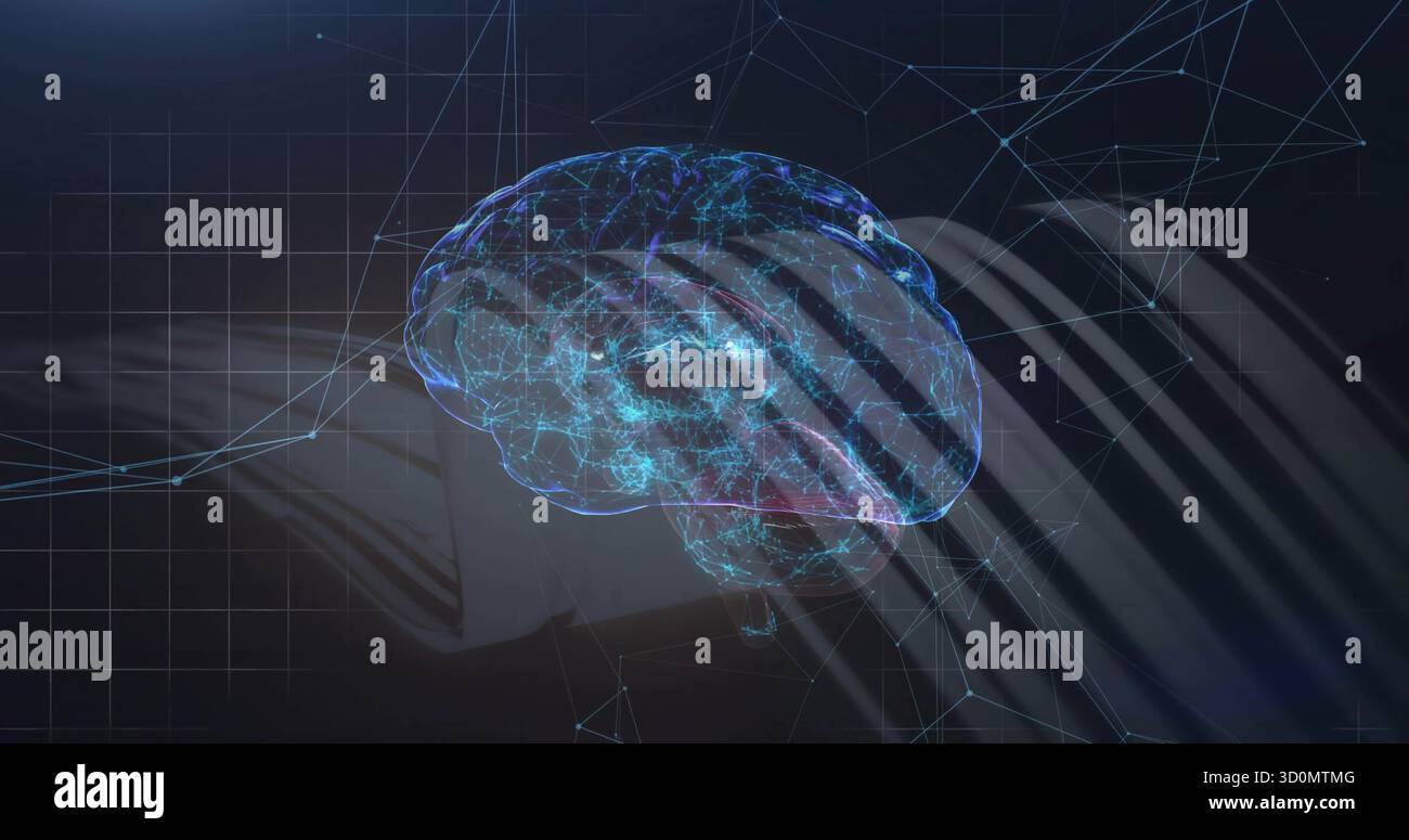 Floating 3D brain hologram projecting glowing network nodes over dark grid backdrop, visualization Stock Photo